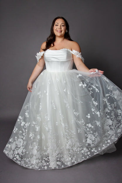 Satin corset bodice wedding dress with beaded tulle