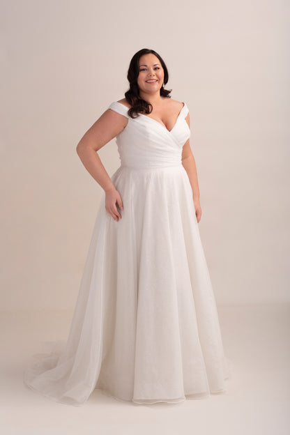 Glitter and Organza A-Line Wedding Gown with Ruched Bodice and Bardot