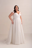 Glitter and Organza A-Line Wedding Gown with Ruched Bodice and Bardot
