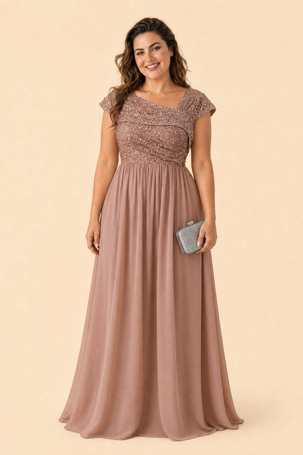 Asymmetrical Neck Evening Gown with Sequin Accent for Bridesmaids and Formal Events