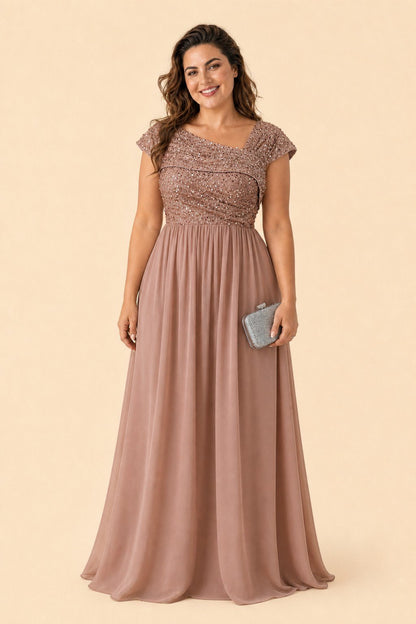 Asymmetrical Neck Evening Gown with Sequin Accent for Bridesmaids and Formal Events