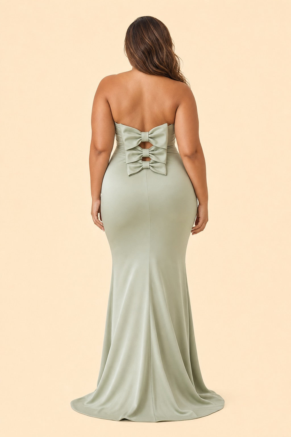 Plus Size Strapless Bridesmaid Dress with Cutout Back Bow and Slit