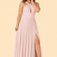 Plus Size Halter Bridesmaid Dress with Pleated Chiffon A-Line Skirt - Open Back and Side Slit