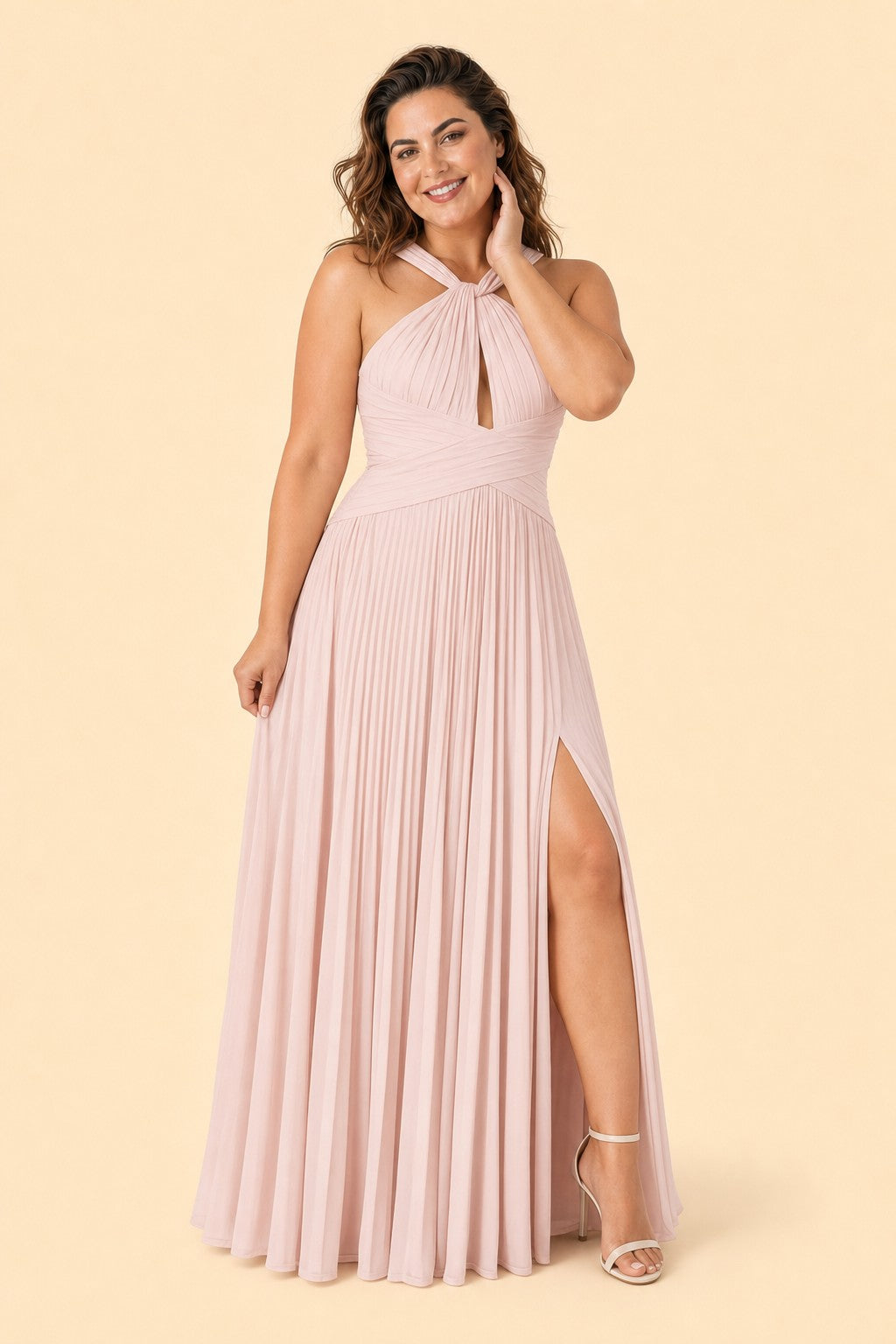 Plus Size Halter Bridesmaid Dress with Pleated Chiffon A-Line Skirt - Open Back and Side Slit