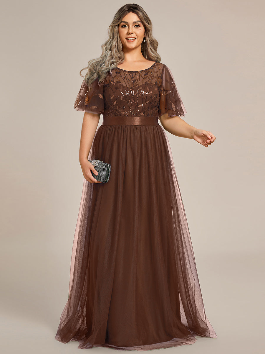 Plus Size Women's Embroidery Evening Dresses with Short Sleeve