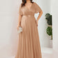 Plus Size V Neck Ribbon Waist Formal Evening Dress With Sleeves