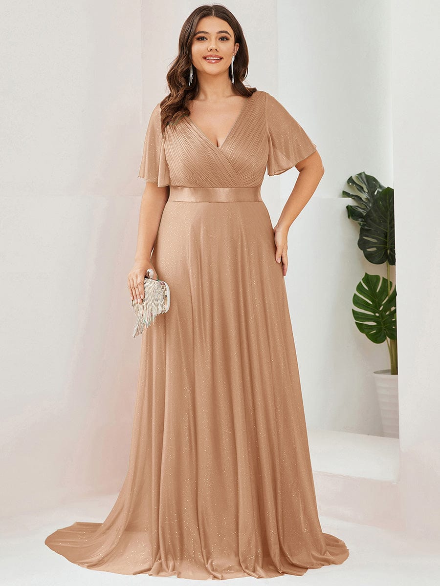 Plus Size V Neck Ribbon Waist Formal Evening Dress With Sleeves