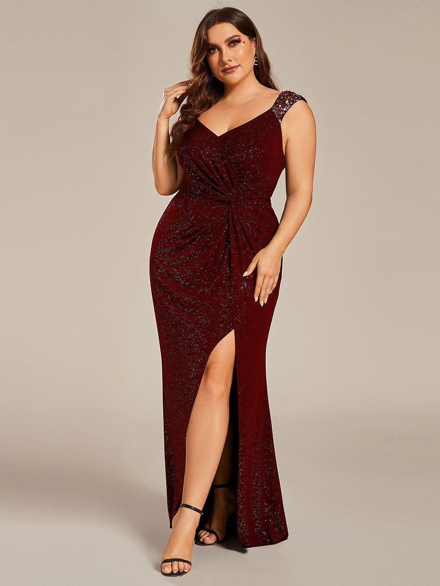 Plus Size Sequin Shoulder Strap Wedding Guest Dress with Side Slit