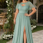 Plus Size Floral A-Line Bridesmaid Dress with Ruched Bodice and Elegant Side Slit