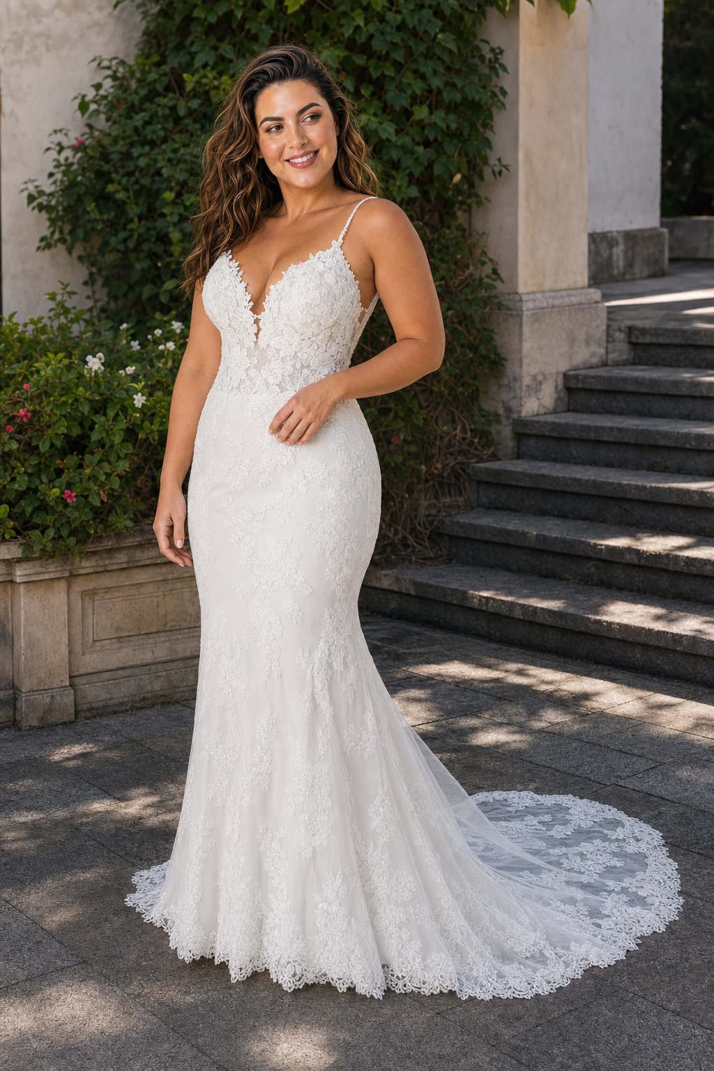 Plus Size Bridal Gown with Lace Appliqué Straps and Elegant Train