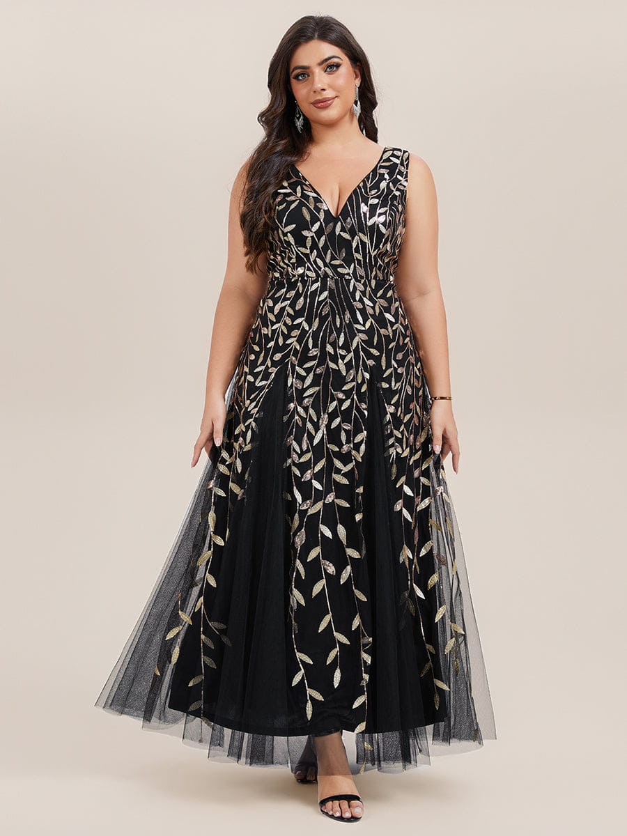 Plus Size Sparkling Sleeveless Leaf Sequin A-Line Formal Evening Dress