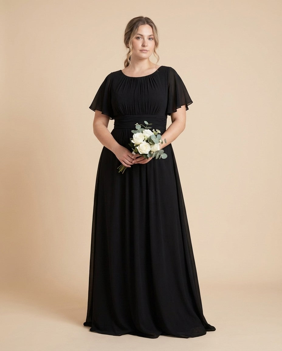Petaline Plus Size Chiffon A-Line Bridesmaid Gown with Short Flutter Sleeves N0326