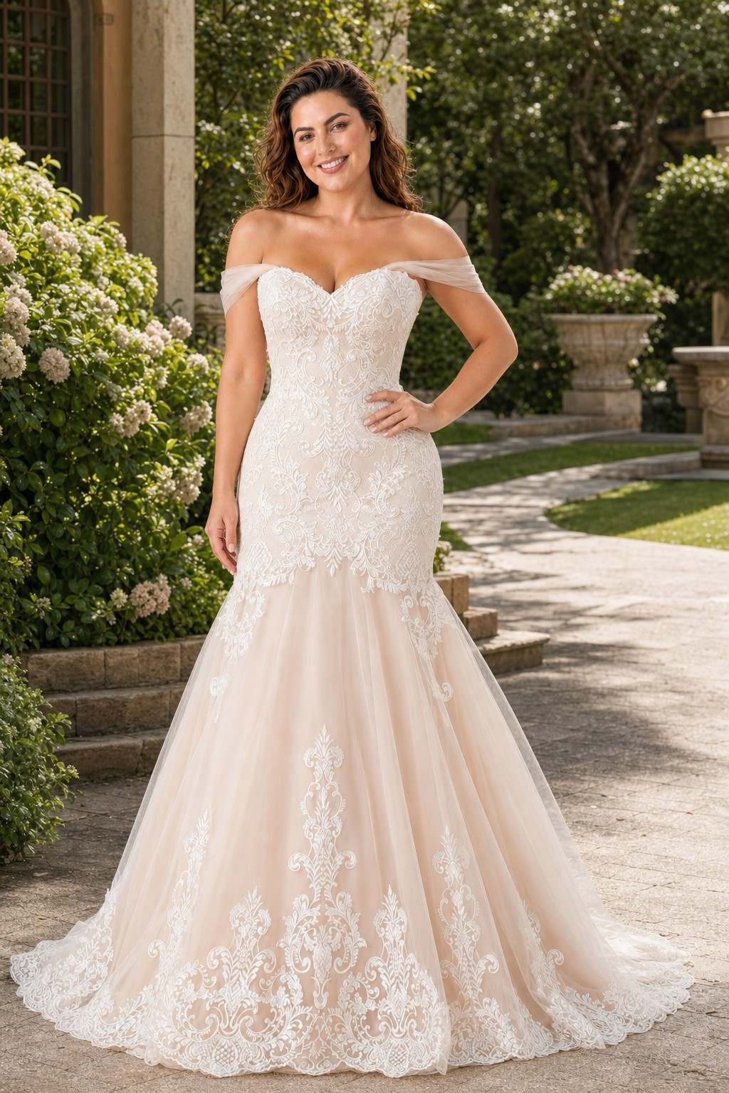Plus Size Off Shoulder Lace Appliqué A-Line Wedding Dress with Lace-Up Back