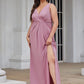 Plus Size Shiny V Neck Side Slit Formal Evening Dress