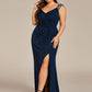 Plus Size Glitter V-Neck High Slit Sequin Shoulder Strap Evening Dress