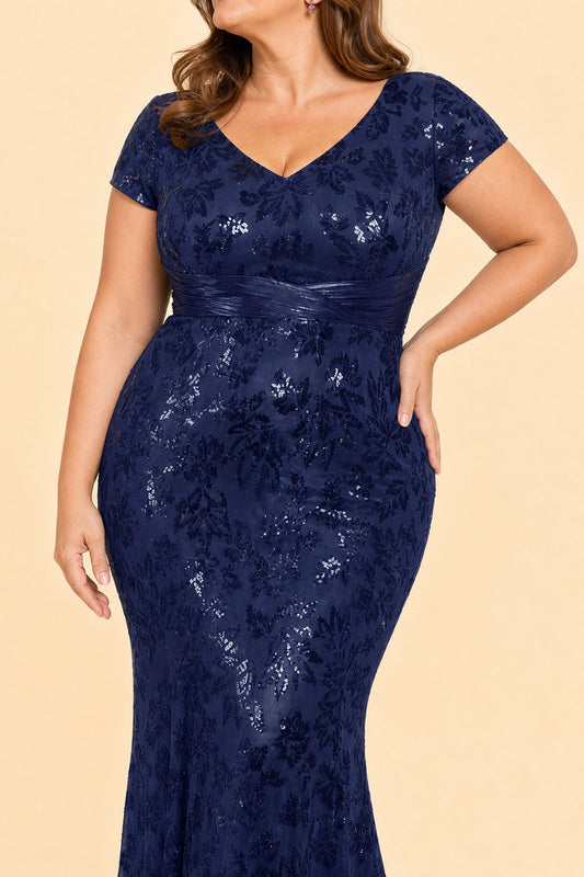 Plus Size Mother of Bride Dress Deep V Neck Fitted Wedding Formal Gown