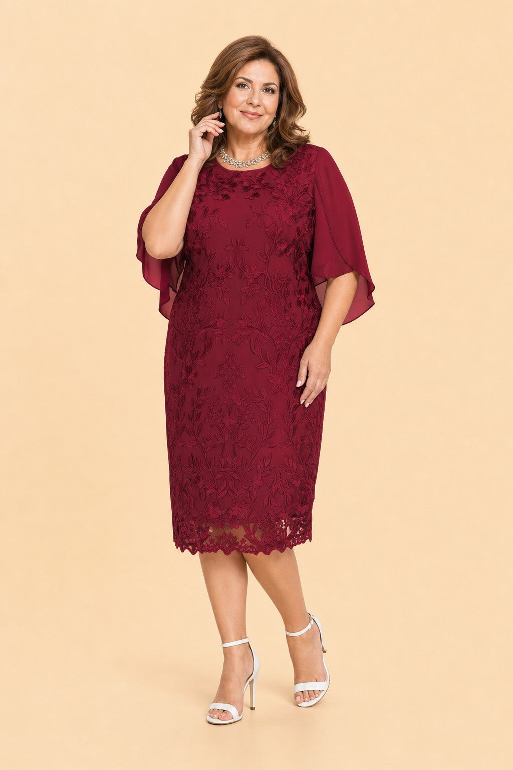 Plus Size Mother of the Bride Dress with Floral Embroidery and Chiffon Sleeves Elegant Formal Gown