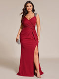 Plus Size Glitter V-Neck High Slit Sequin Shoulder Strap Evening Dress