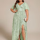 Plus Size Short Sleeves Sequin High Low V-Neck Midi Formal Evening Dress
