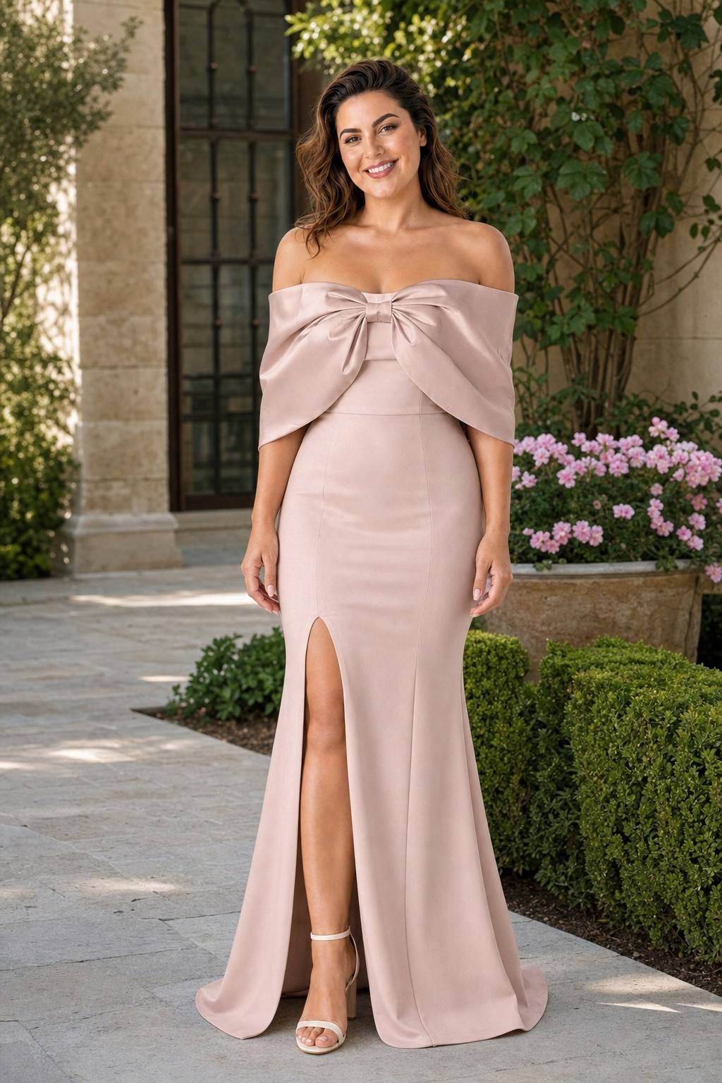 Elegant Plus Size Bridesmaid Dress with Off Shoulder Bow Detail and Slit