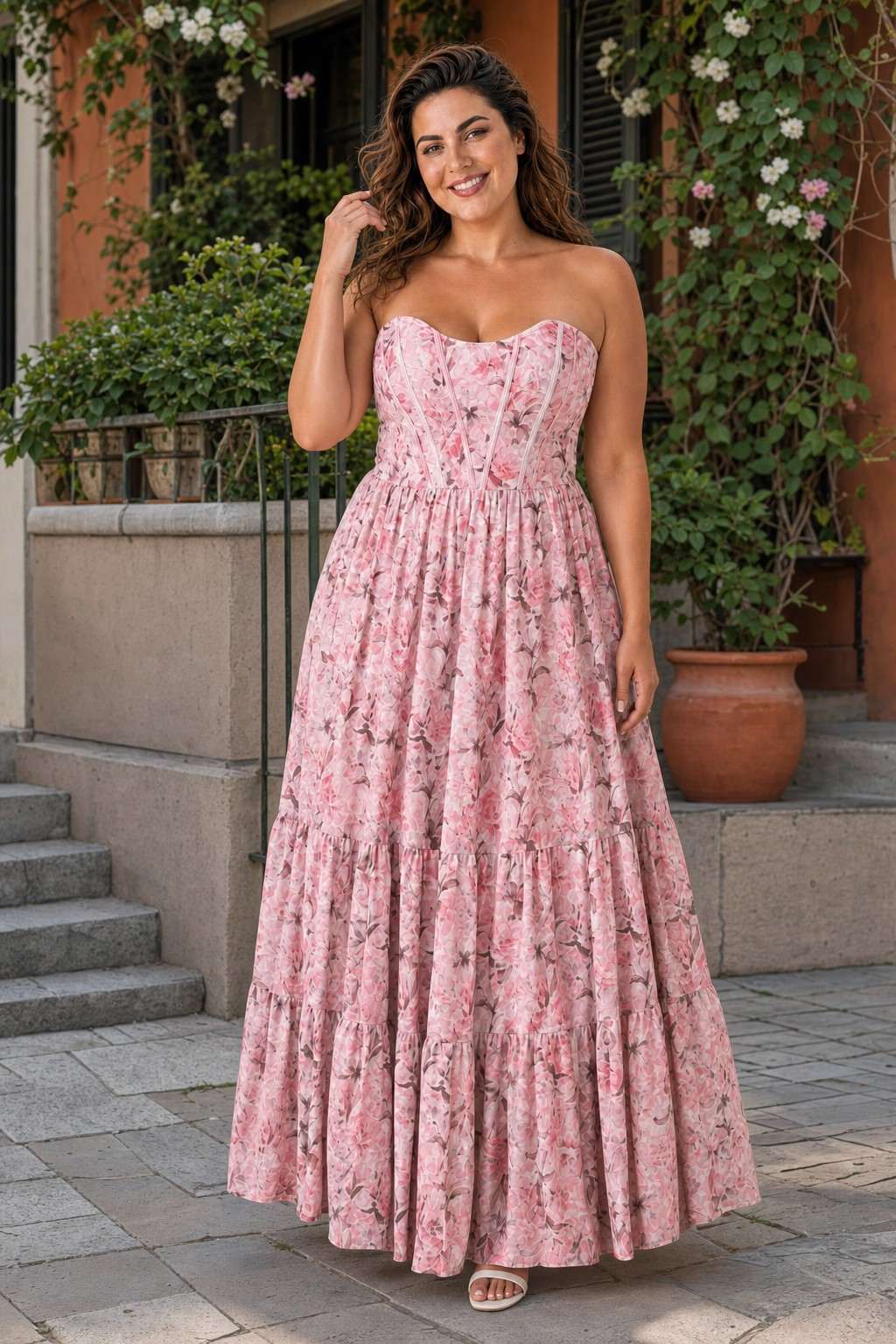Romantic Floral Print Strapless Bridesmaid Dress with Open Back Detail