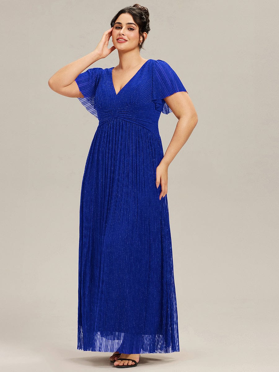 Plus Size V-Neck Glittery Short Sleeves Formal Evening Dress with Empire Waist