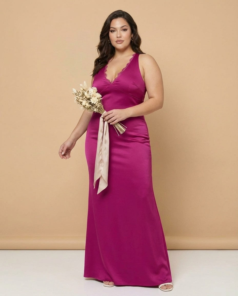 Silvarelle Elegant Stretch Satin Plus Size Bridesmaid Dress with Lace Trim for Weddings - N0359