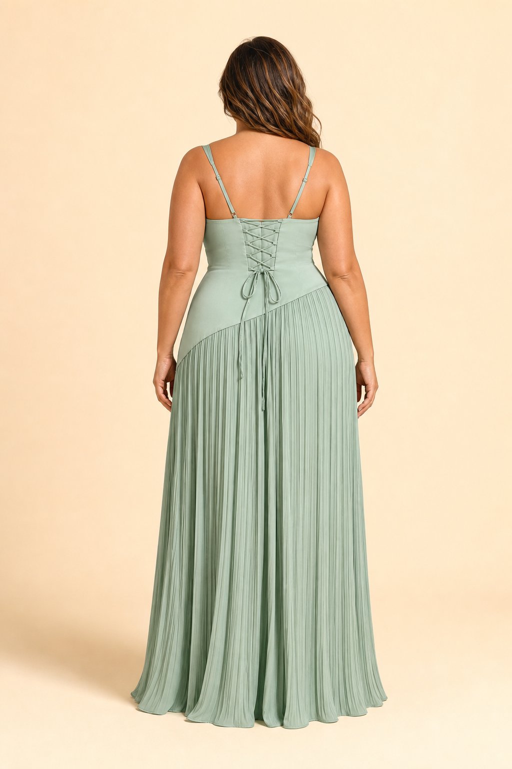 Plus Size Bridesmaid Dress with Pleated Satin and Lace Up Open Back