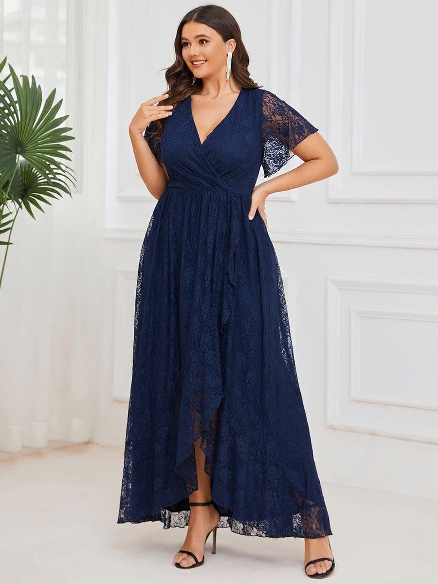 Plus Size Short Sleeve Ruffled V-Neck A-Line Lace Wedding Guest Dress