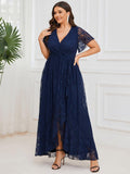 Plus Size Short Sleeve Ruffled V-Neck A-Line Lace Wedding Guest Dress