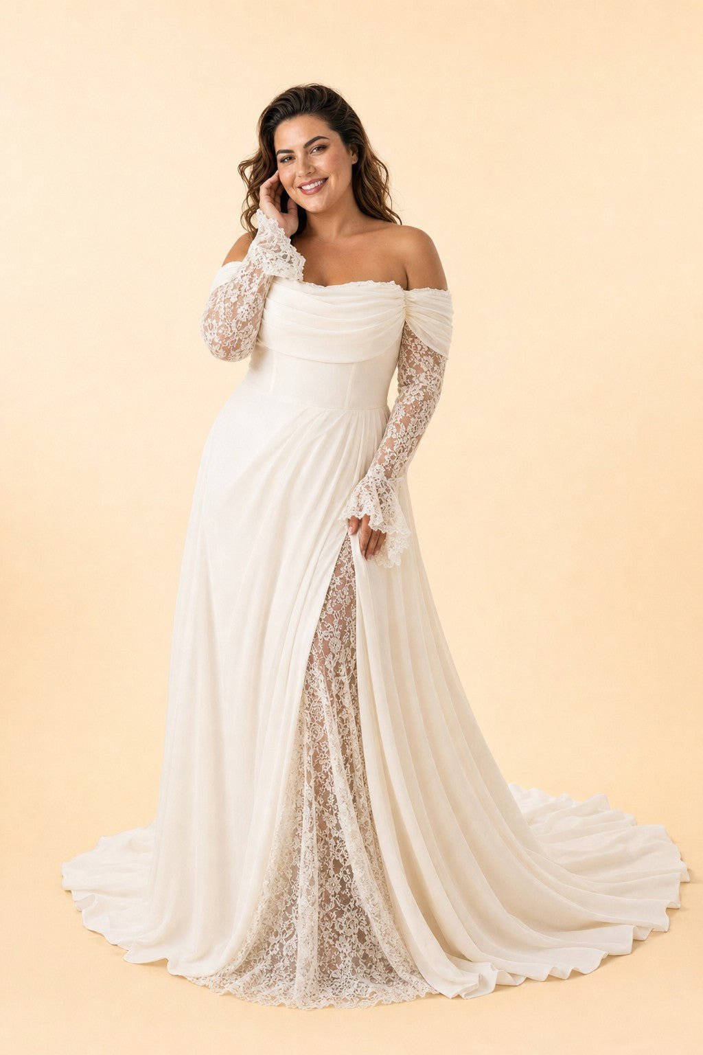 Elegant Long Sleeve Evening Gown Off Shoulder Ruched Design A Line Silhouette with Train
