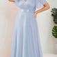 Plus Size V Neck Ribbon Waist Formal Evening Dress With Sleeves