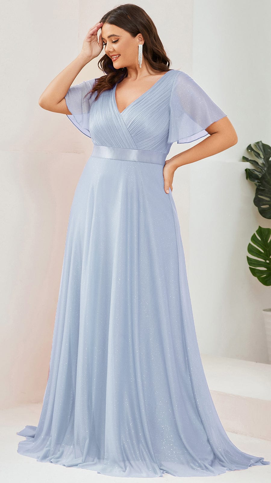 Plus Size V Neck Ribbon Waist Formal Evening Dress With Sleeves