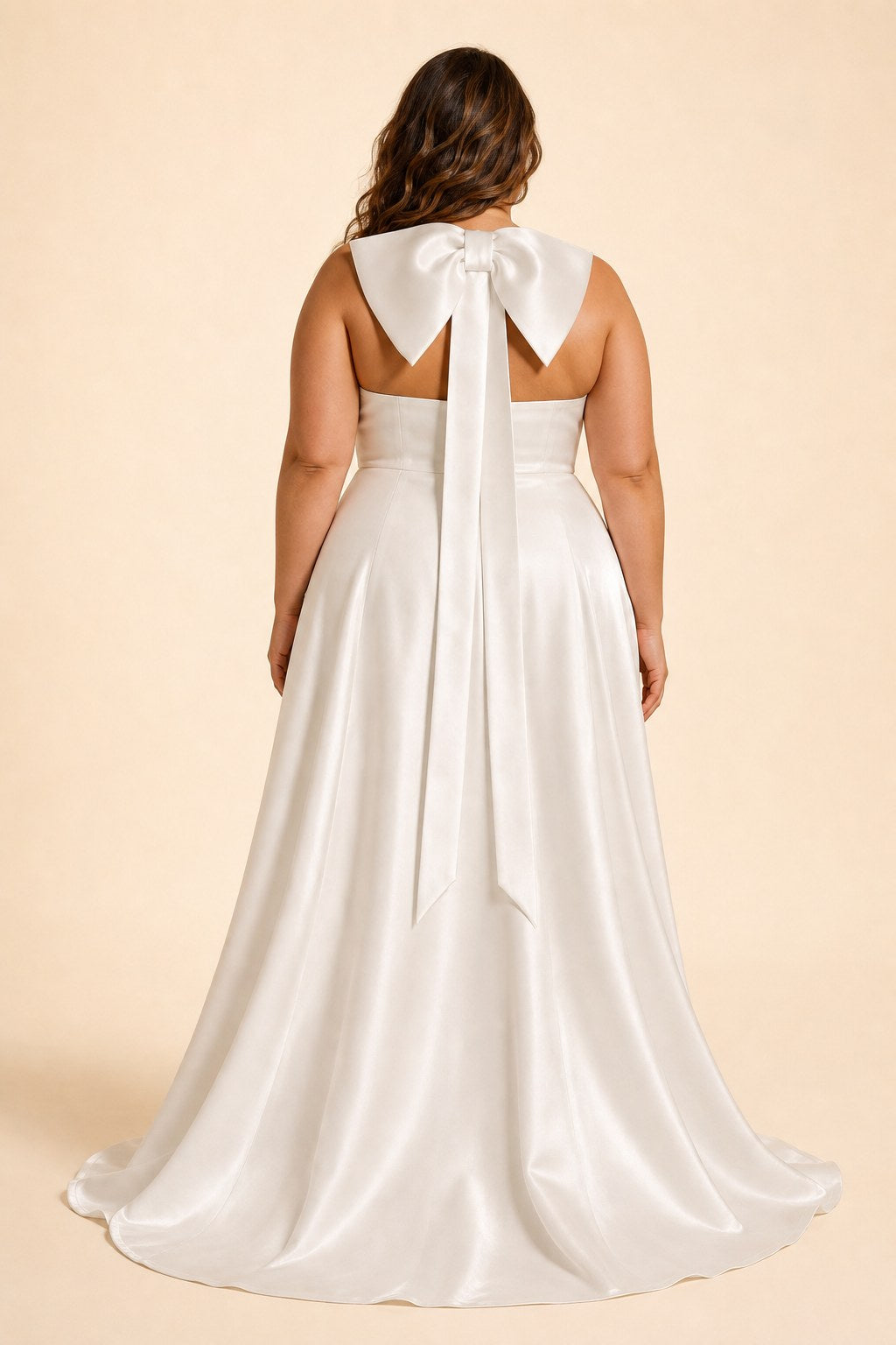 Plus Size Satin Wedding Dress with Bow Back Slit and Chapel Train