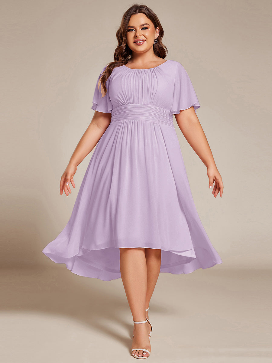 Plus Size Pleated Round Neckline A-Line Midi Chiffon Wedding Guest Dress