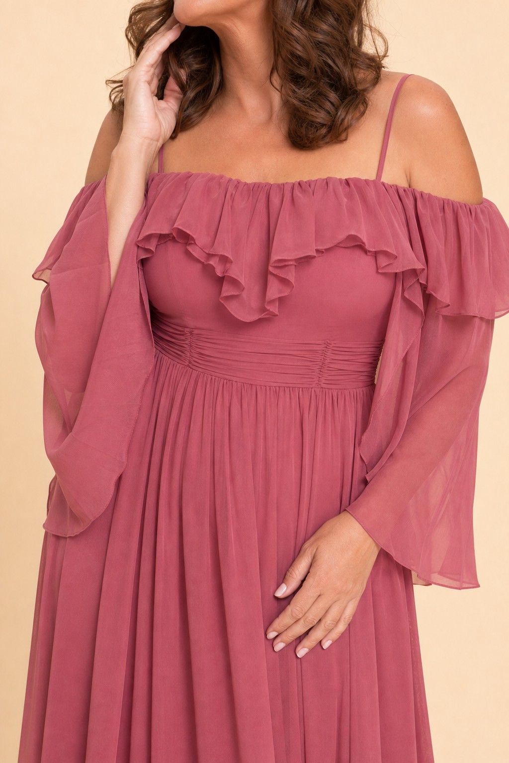 Flowy Bridesmaid Dress with Ruched Bodice and Soft Feminine Ruffle Accents for Elegant Weddings