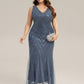 Plus Size Deep V-Neck Bead Embroidery Evening Dress
