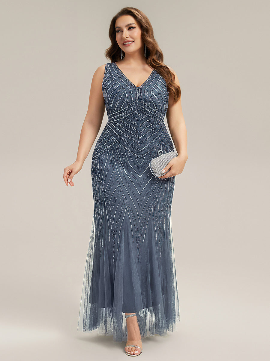 Plus Size Deep V-Neck Bead Embroidery Evening Dress