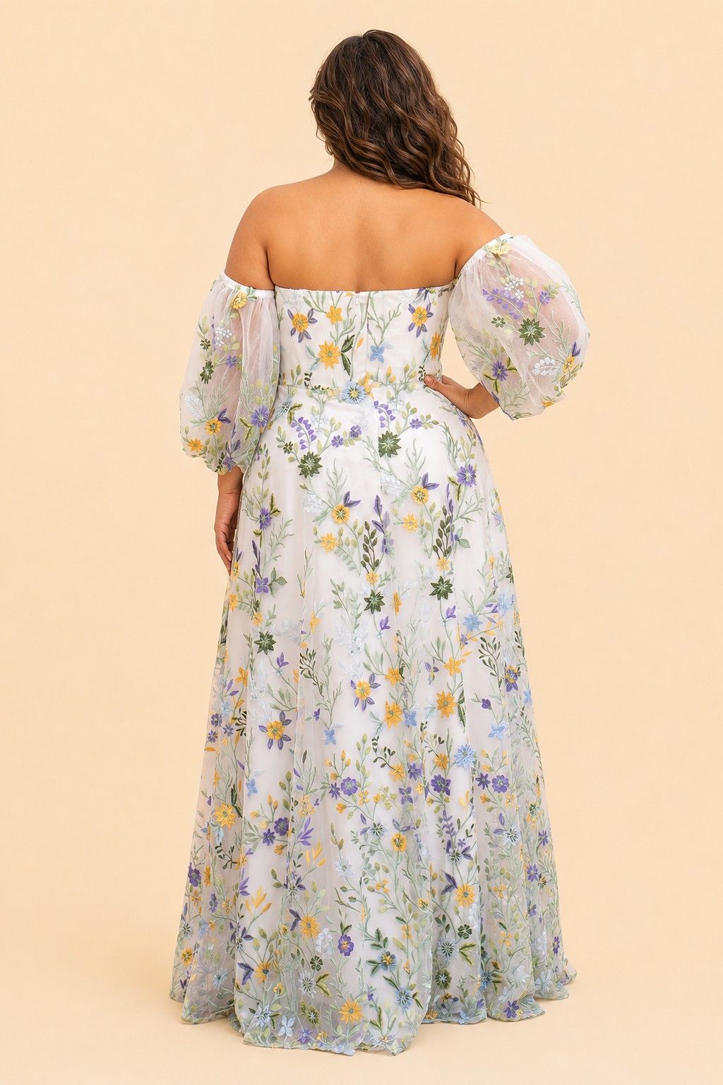 Plus Size A-Line Wedding Dress with Detachable Puff Sleeves and Embroidered Mesh