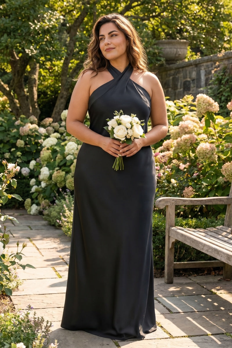 Elegant Plus Size Halter Neck Stretch Satin Bridesmaid Dress