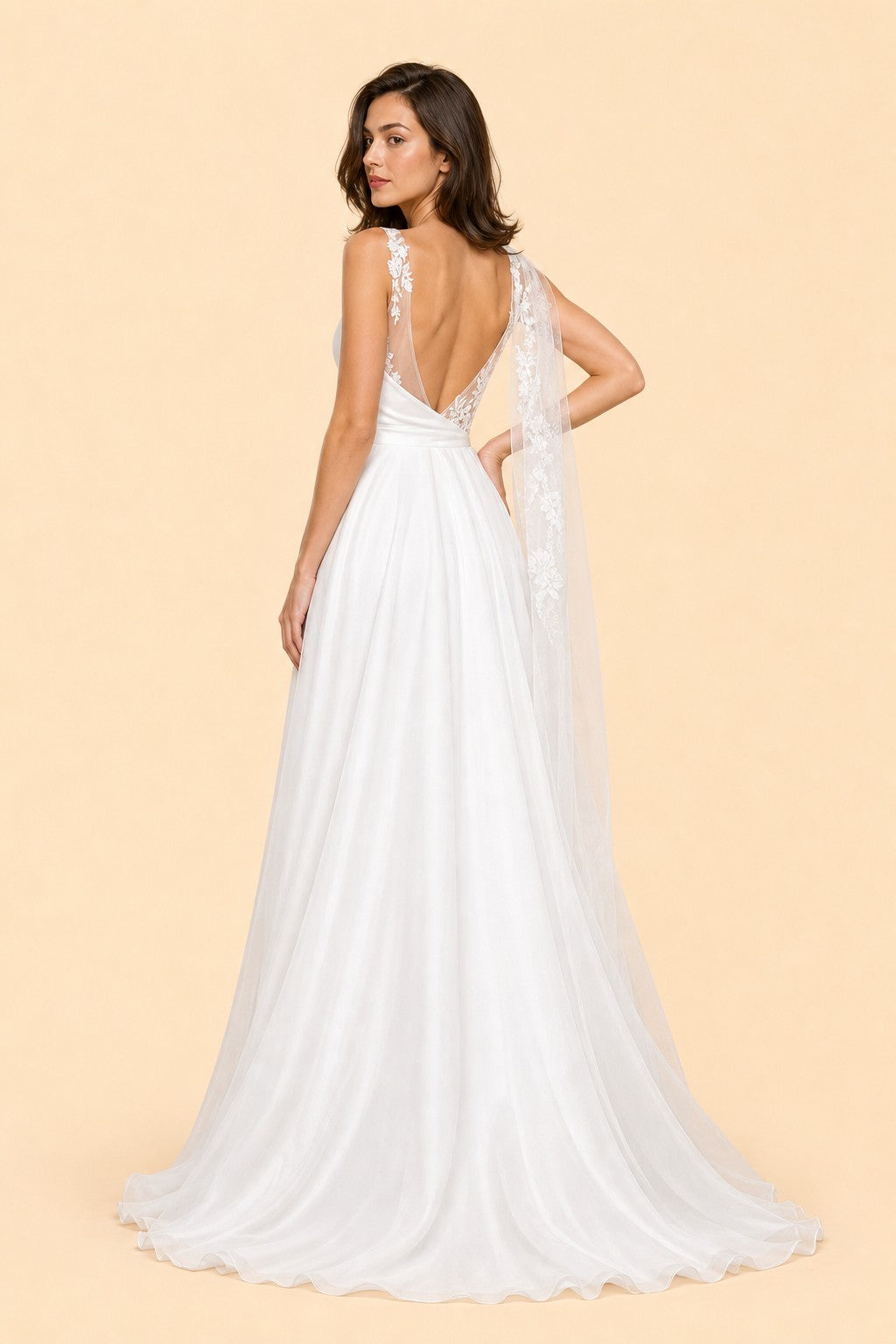 Plus Size A-Line Wedding Dress with Asymmetric Sleeve Lace Panels Open Back and Pockets