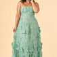 Romantic Lace Up Back Bridesmaid Gown Featuring 3D Floral Appliqué Tiered Flowy Skirt