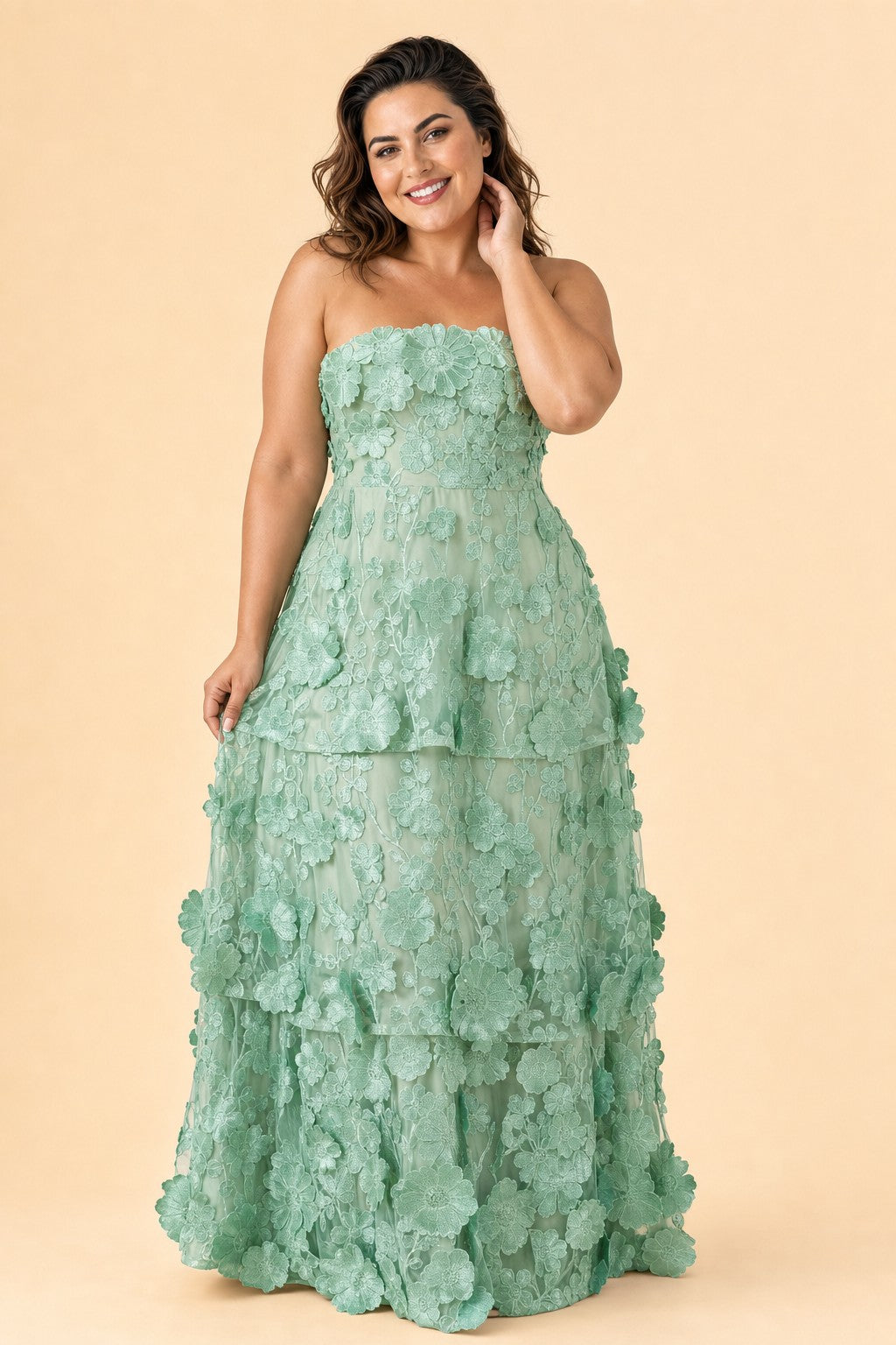 Romantic Lace Up Back Bridesmaid Gown Featuring 3D Floral Appliqué Tiered Flowy Skirt