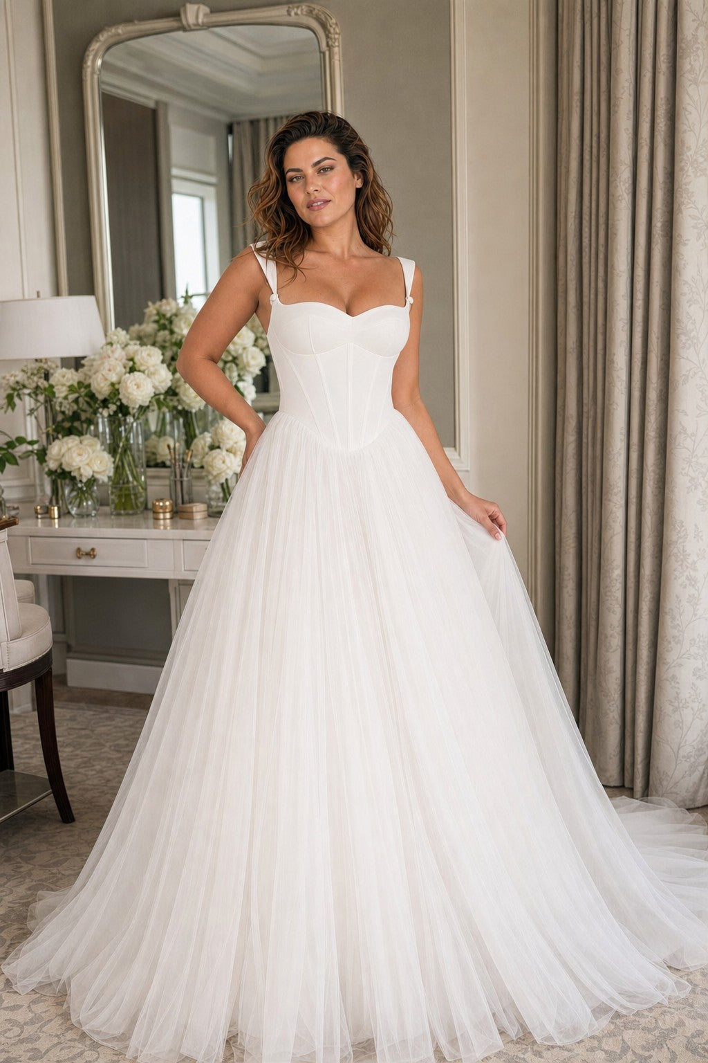 Plus Size A-Line Wedding Dress with Basque Waist and Lace Up Back