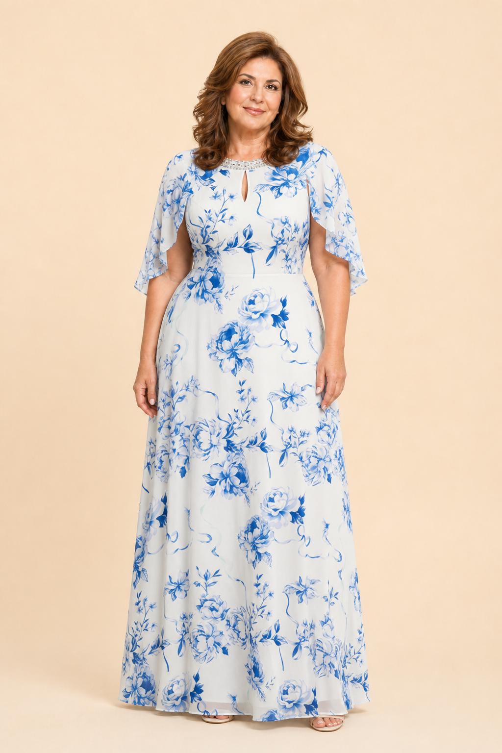 Plus Size Mother of the Bride Dress with Floral Print and Rhinestone Trim