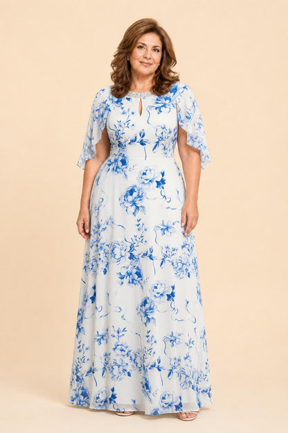 Plus Size Mother of the Bride Dress with Floral Print and Rhinestone Trim