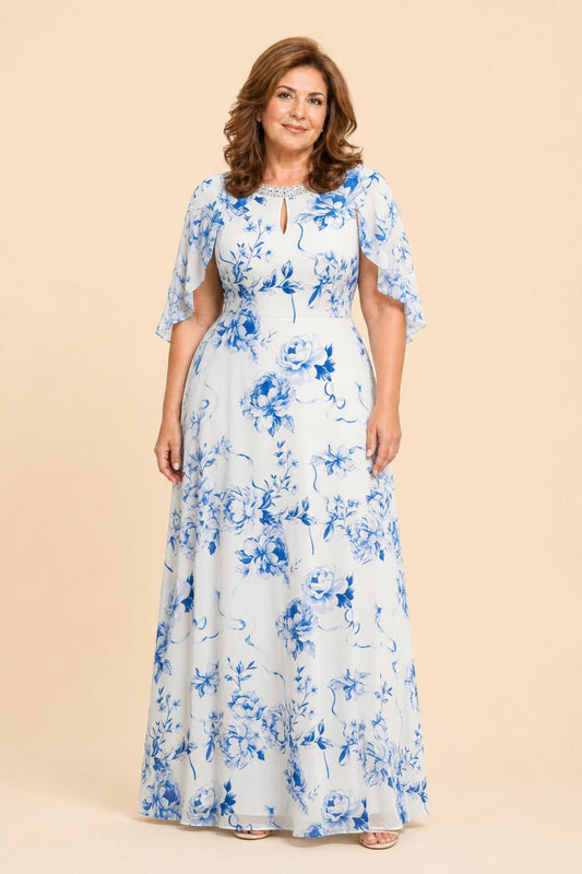 Plus Size Mother of the Bride Dress with Floral Print and Rhinestone Trim