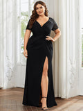 Plus Size Front Slit Short Sleeve With Sequin Mother of the Bride Dresses