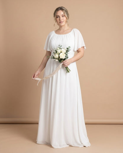 Petaline Plus Size Chiffon A-Line Bridesmaid Gown with Short Flutter Sleeves N0326