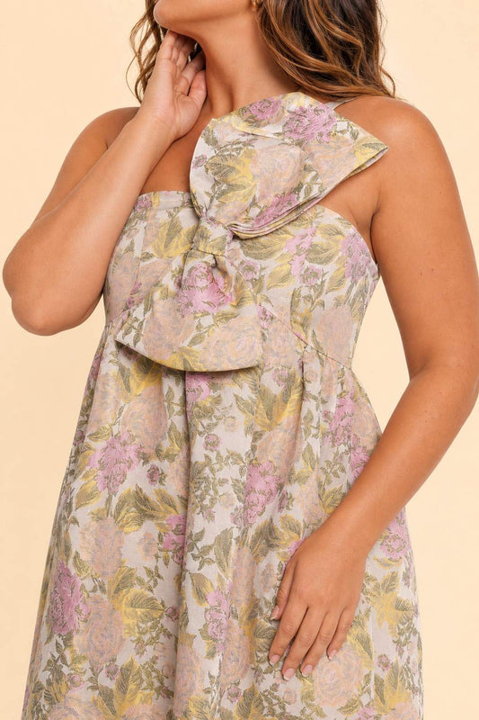 Plus Size Floral Jacquard A-Line Bridesmaid Dress with Bow Front and Pockets